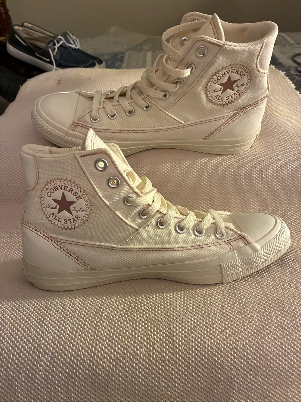 Converse High Top Sneakers in Off-White ecru canvas w/Tan Stitching-Unisex